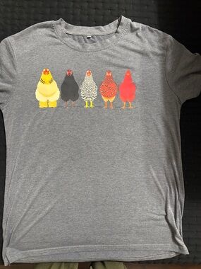Gray Tee with Colorful Chicken Graphic